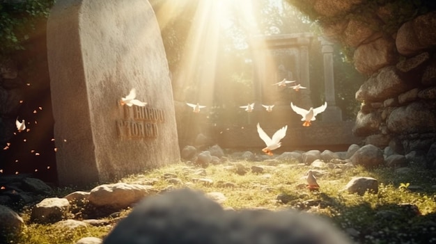 イエス・キリストの死と復活、イースターの鳩が石の墓のコンセプトから飛び出すジェネレーティブAI