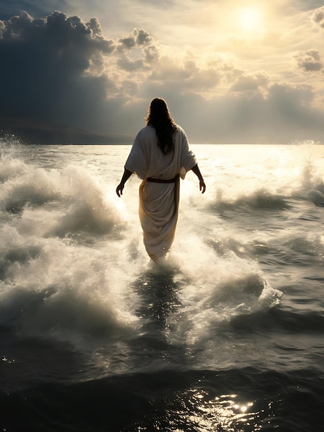Jesus Christ die op water op de zee van Galilea generatieve ai loopt
