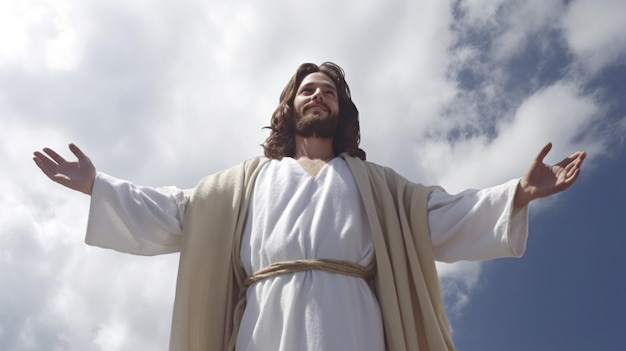 Jesus Christ facing a clouded sky with his arms outstretched GENERATE AI