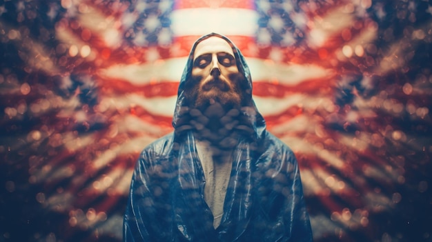 Foto gesù cristo davanti a una bandiera americana.