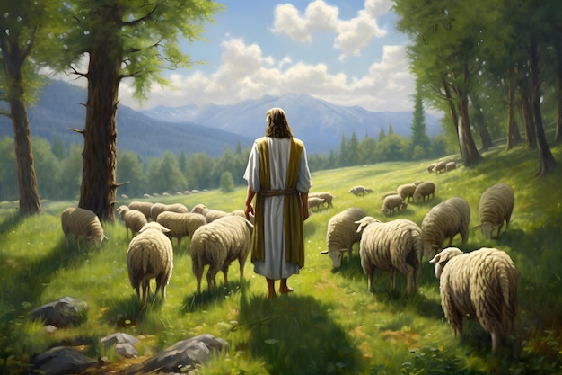 Jesus Christ the good shepherd and sheep at the grove