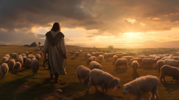 jesus christ herding a flock of sheep