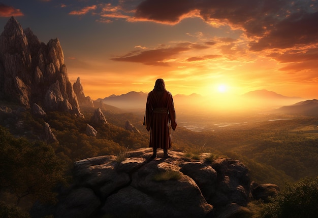 Foto gesù cristo sulle colline al tramonto a bolta immagine realistica ultra hd alto design molto dettagliato 8k