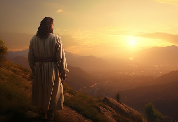 Jesus Christ in the Hills at Sunset in Bolta realistic image ultra hd high design very detailed 8K