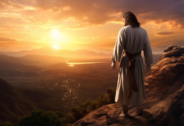 Jesus Christ in the Hills at Sunset in Bolta realistic image ultra hd high design very detailed 8K