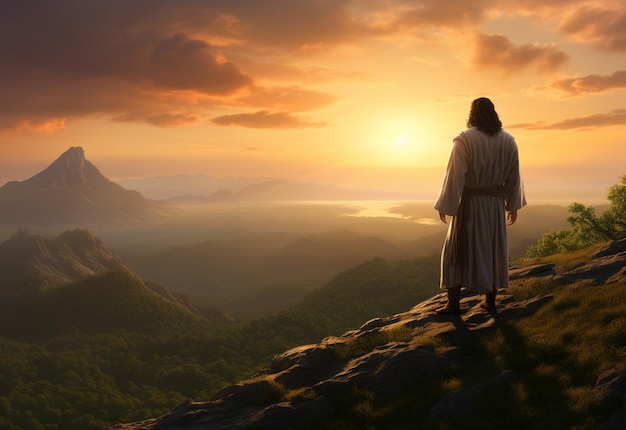 Иисус Христос на холмах на закате в Болте реалистичное изображение ультра HD высокий дизайн очень подробный 8K