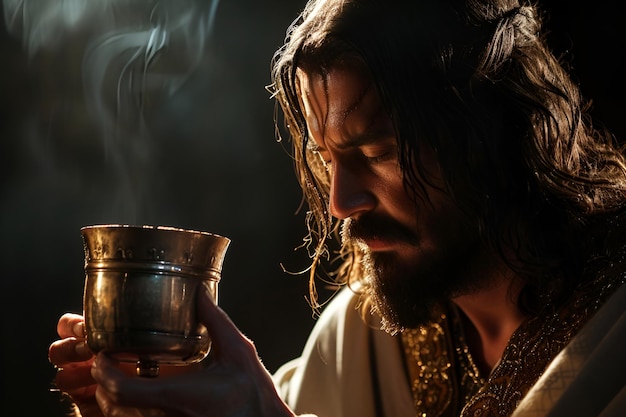 Jesus Christ holds the cup presenting the sacrament of the Eucharist act of holy communion