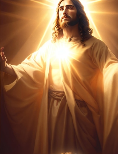 輝く黄金の光に照らされたイエス・キリスト