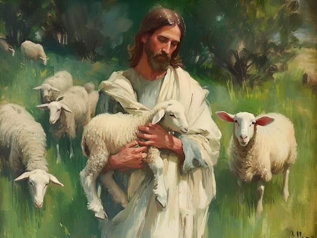 Jesus Christ is depicted caring for a flock of sheep cradling a lamb tenderly in his hand