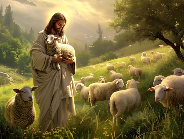 Jesus Christ is tending sheep holding a lamb in his hands