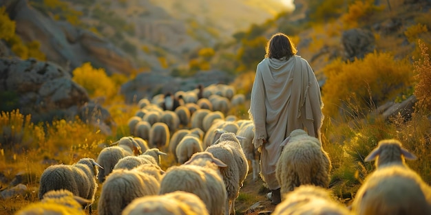 Jesus Christ leads a flock of sheep in prayer Concept Nature Spirituality Religion Faith Prayer