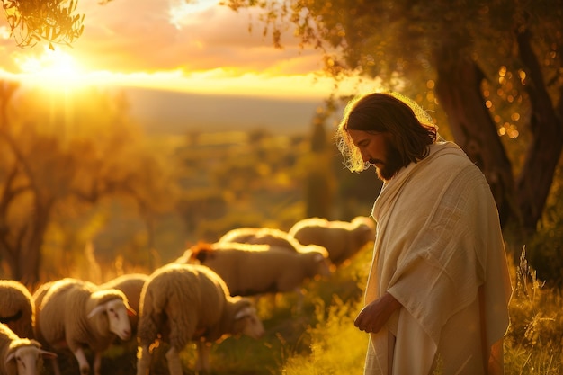 Photo jesus christ in a meadow gently shearing a sheep under the warm light of the setting sun