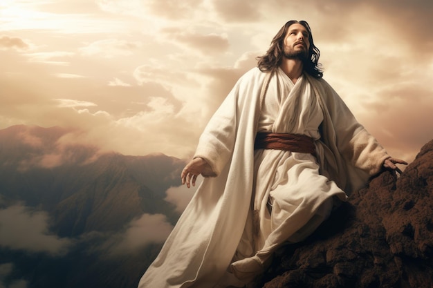 하늘의 산 위에 서 있는 예수 그리스도의 뒷모습 기독교와 가톨릭에서 하나님에 대한 영적 신앙의 개념