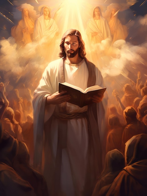 Jesus Christ of Nazareth looking up and holding a Bible crowd of people in the background Biblical