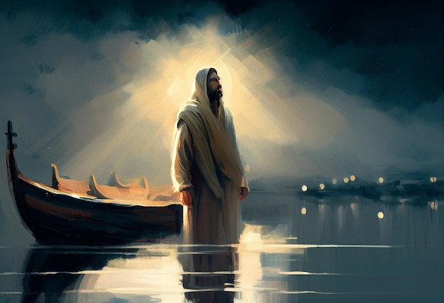 Jesus Christ portrait on the lake Generative AI illustration