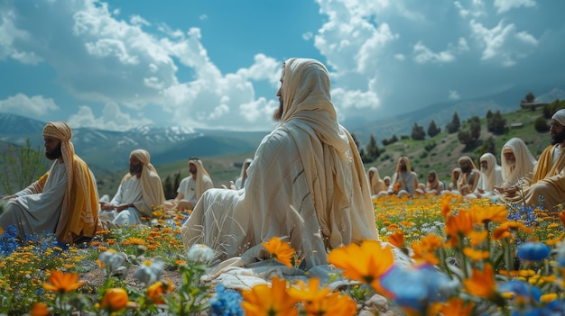 Jesus Christ preaches his religion Christianity Catholicism in front of a crowd of people followers who believe in their God