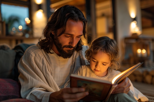 Photo jesus christ reading a book to a child