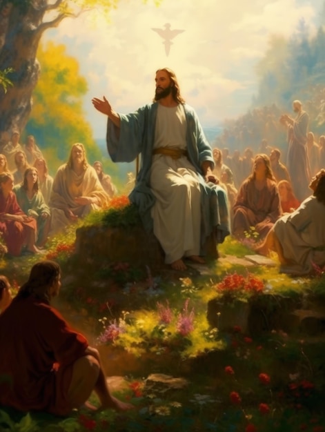 Jesus Christ reads a sermon in front of a crowd of believers