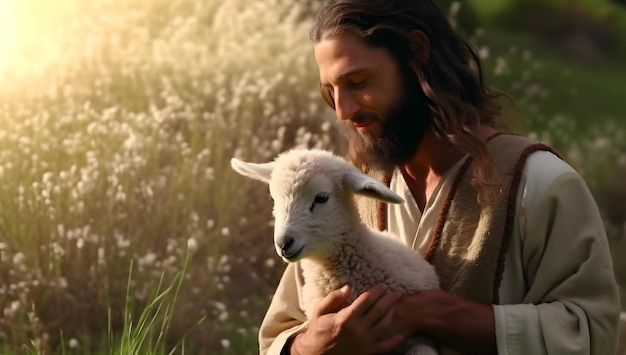 Photo jesus christ recovered the lost sheep carrying it in his arms biblical story conceptual theme