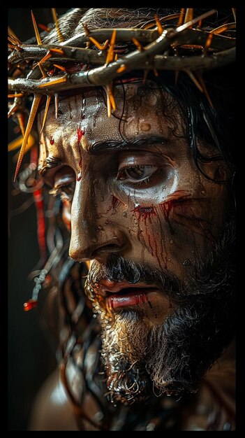 jesus christ representation of Calvary on the cross with crown of thorns and wounds faith and religion