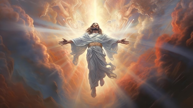 Иисус Христос поднимается на небеса над ярко освещенным небом Генеративный ИИ