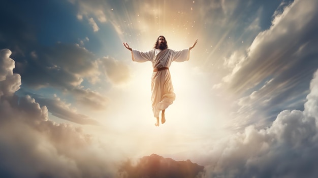 Jesus Christ rising into heaven above the brilliantly lit sky Generative Ai