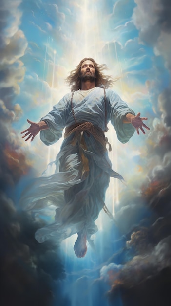 Иисус Христос поднимается на небеса над ярко освещенным небом Генеративный ИИ