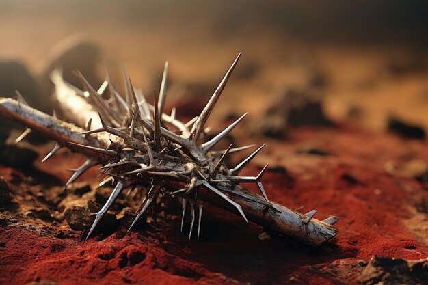 Jesus Christ s Passion Hammer nails and thorns on dry ground with blurred backdrop