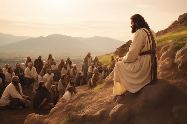 Jesus Christ's Sermon on the Mount Jesus is on a mountain preaching to a large crowd of people AI generation