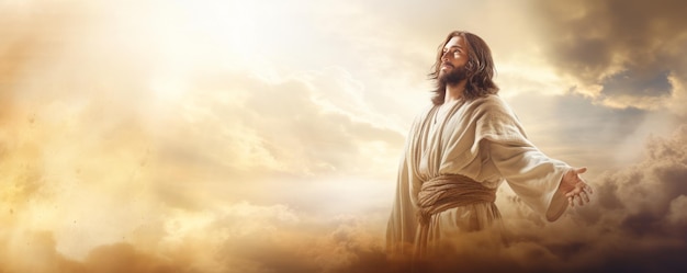 Jesus Christ Savior of mankind. Banner wide with copy space for text. AI generative.