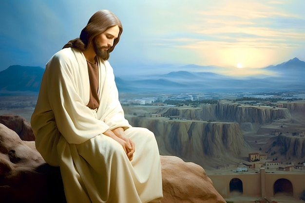 Premium AI Image | Jesus Christ sitting on the mountaintop