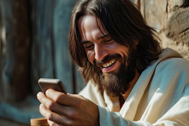 jesus christ smiling and using smart phone drinking coffee