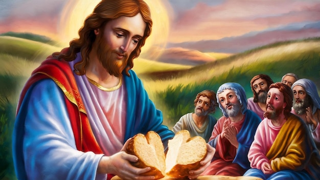 Иисус Христос делит хлеб.
