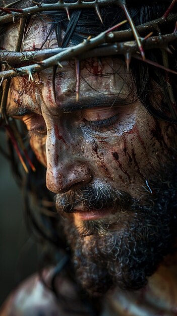 Jesus Christ struck and bleeding with crown of thorns during the passion