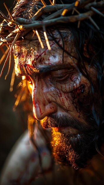 Jesus Christ struck and bleeding with crown of thorns during the passion