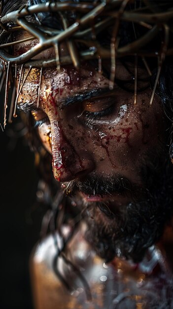 Jesus Christ struck and bleeding with crown of thorns during the passion