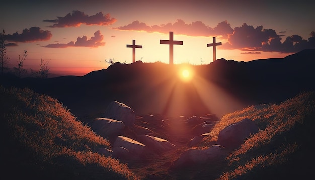 日の出のイエス・キリスト 丘の上の 3 つの十字架 ジェネレーティブ AI