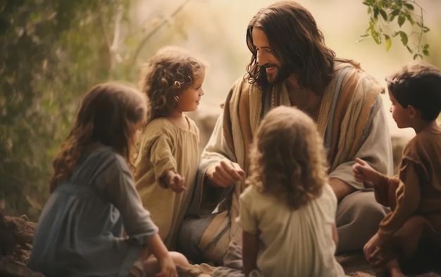 Photo jesus christ talking to children jesus and children smiling generation ai