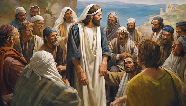 Photo jesus christ talking to people oil painting