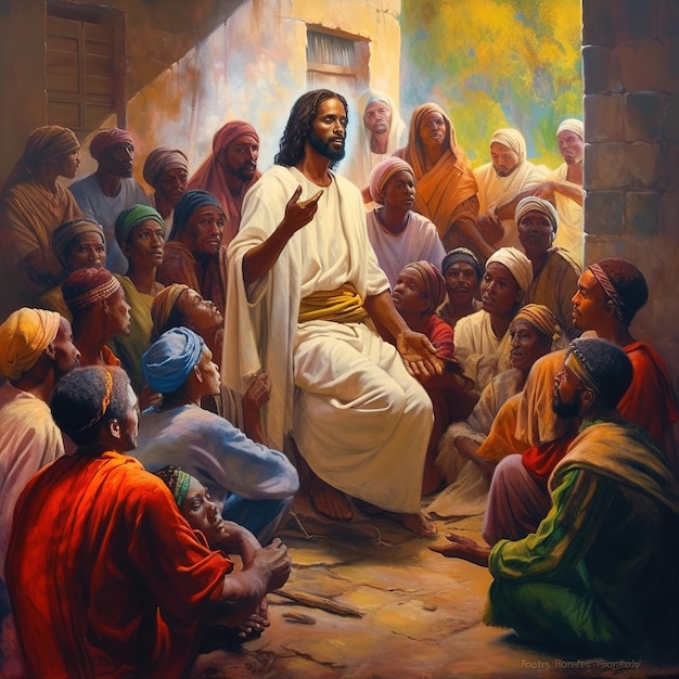 Premium AI Image Jesus Christ Talking To People Oil Painting premium-ai-image-jesus-christ-talking-to-people-oil-painting