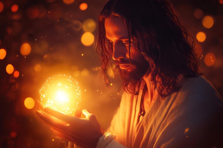 Jesus Christ Tenderly Holding a Glowing Light in a Warm and Serene Setting