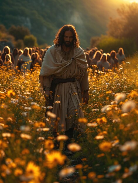 Photo jesus christ travels around jerusalem with his followers preaching to a crowd of followers