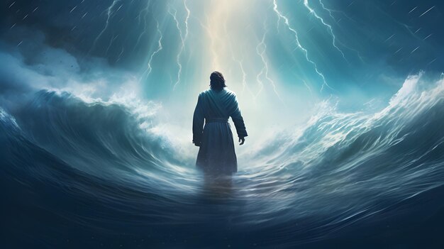 写真 イエス・キリストが嵐の間に水の上を歩く ai生成
