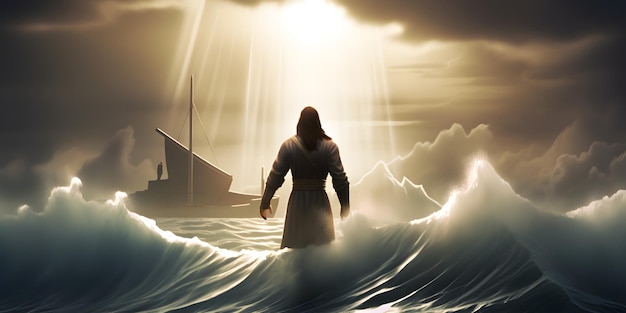 Jesus Christ walking on water across the sea towards a boat AI generated