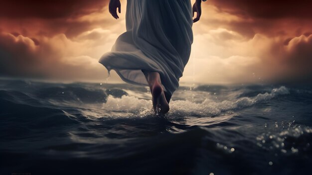 Photo jesus christ walking on water in the evening ai generated