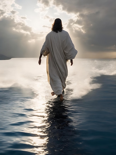 Jesus Christ walking on water on the sea of Galilee generative ai