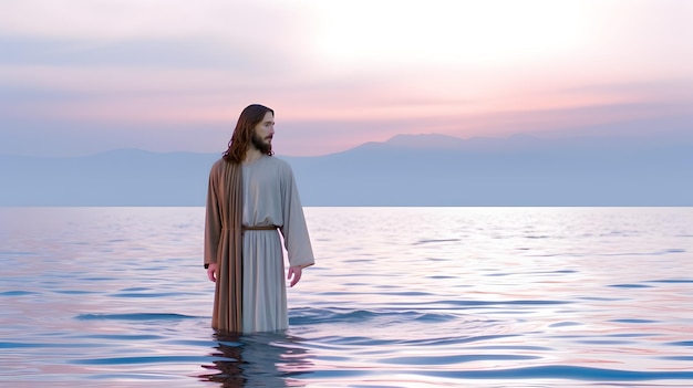 イエス・キリストが海で水の上を歩いている