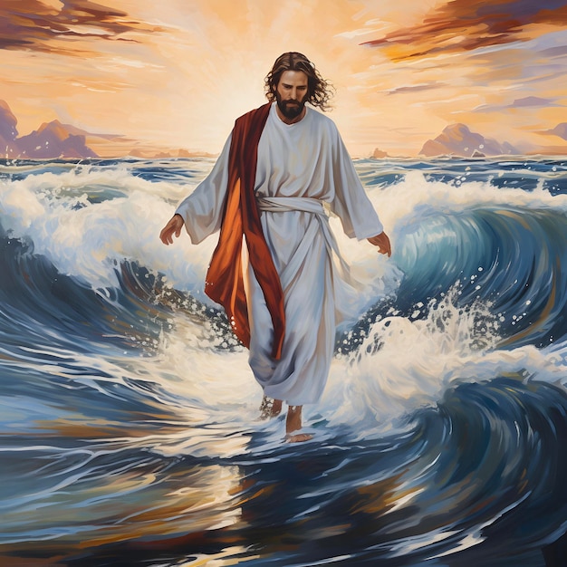 Иисус Христос ходит по воде во время шторма на закате AI сгенерирован