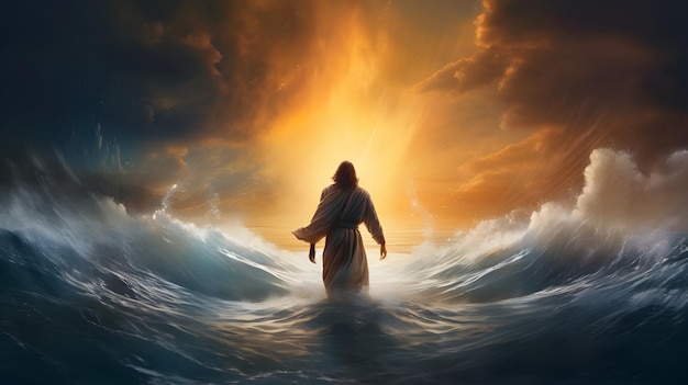 Jesus Christ walking on water during storm at sunset AI generated