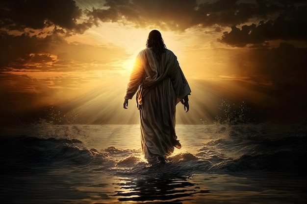 Photo jesus christ walking on the water on the sunset